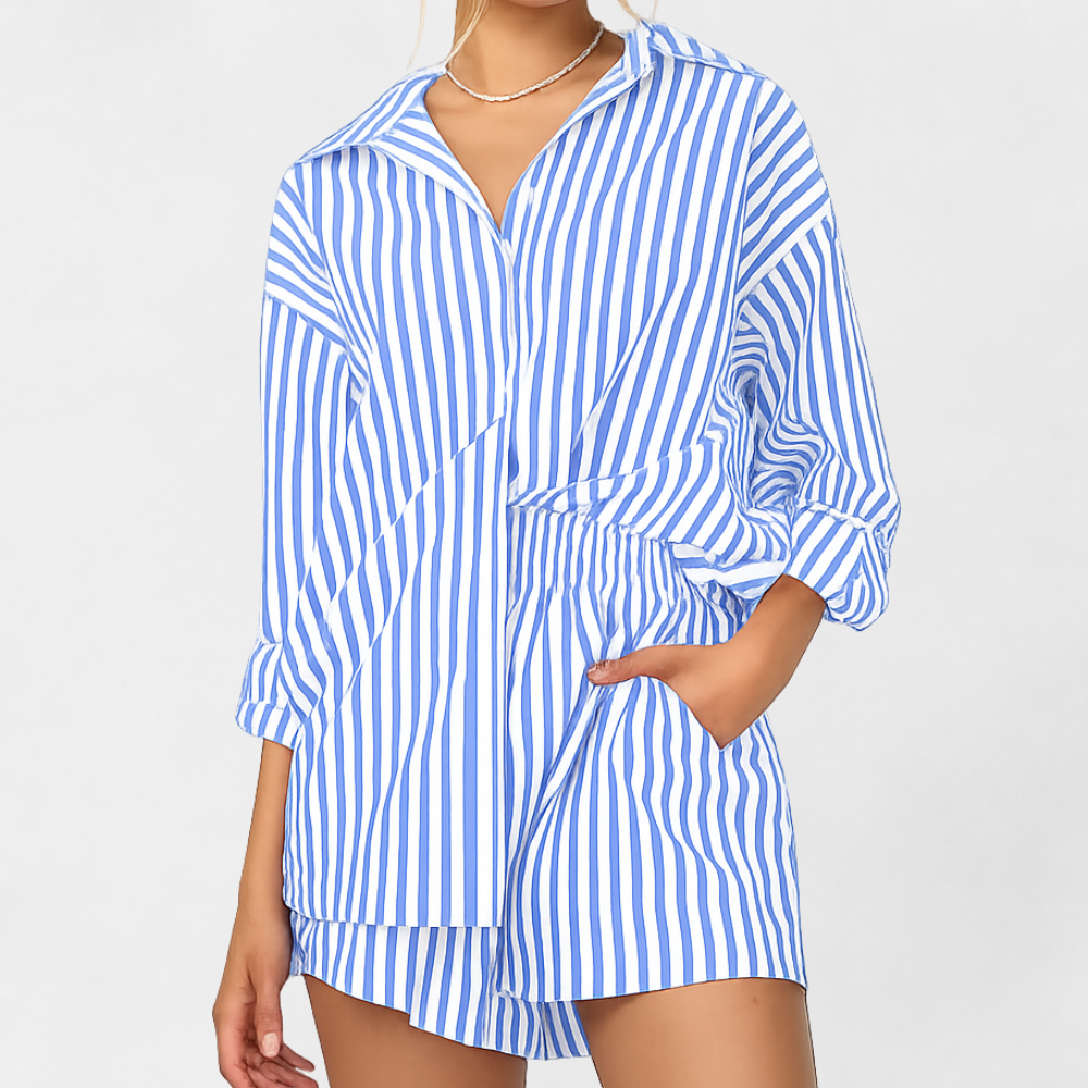MOSEKAE Women's Striped Shirt and Shorts Set Casual 2-Piece Summer Outfit