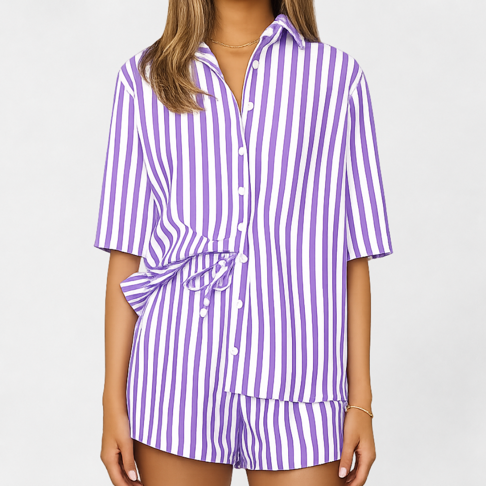 MOSEKAE Women's Striped Shirt and Shorts Set Casual 2-Piece Summer Outfit
