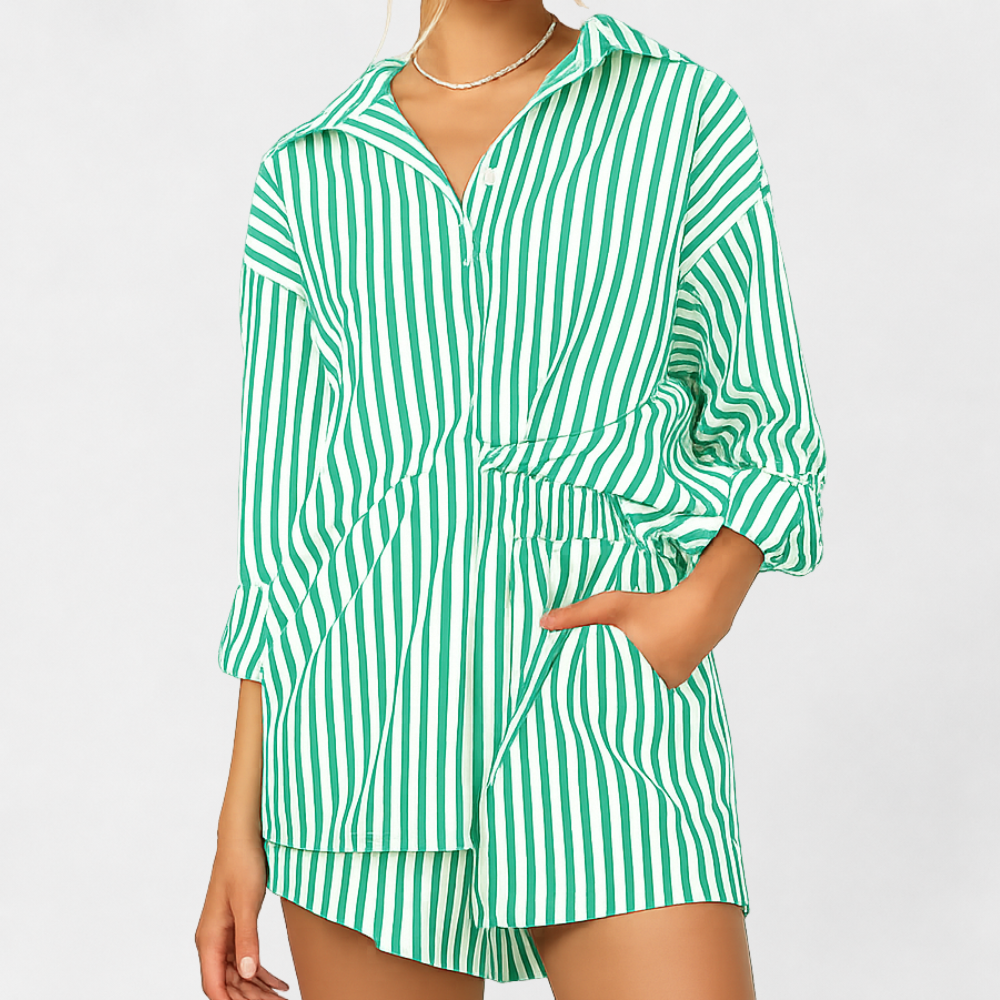 MOSEKAE Women's Striped Shirt and Shorts Set Casual 2-Piece Summer Outfit